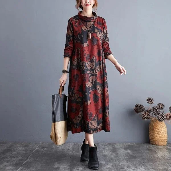 long sleeve plus size cotton wool vintage floral for women casual loose autumn winter dress