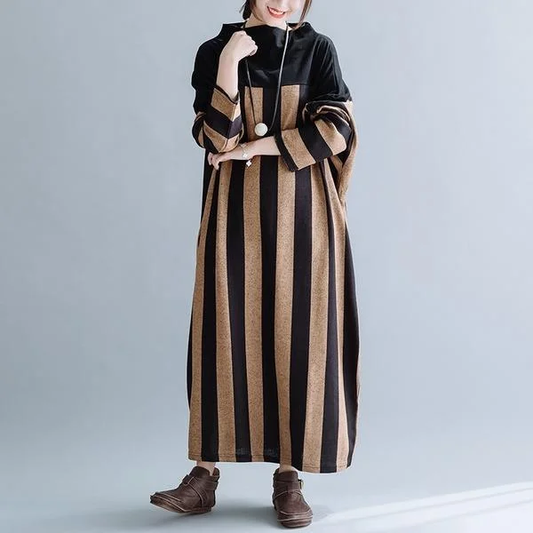 long sleeve plus size cotton wool vintage stripe for women casual loose autumn winter dress