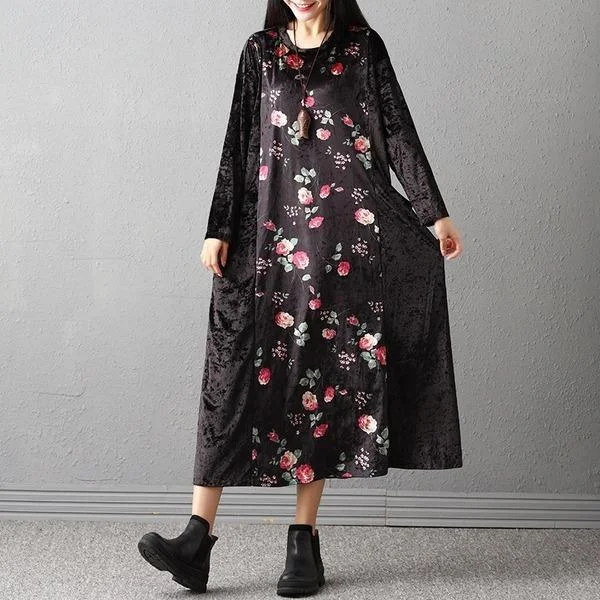 long sleeve plus size velvet vintage floral for women casual loose autumn winter dress