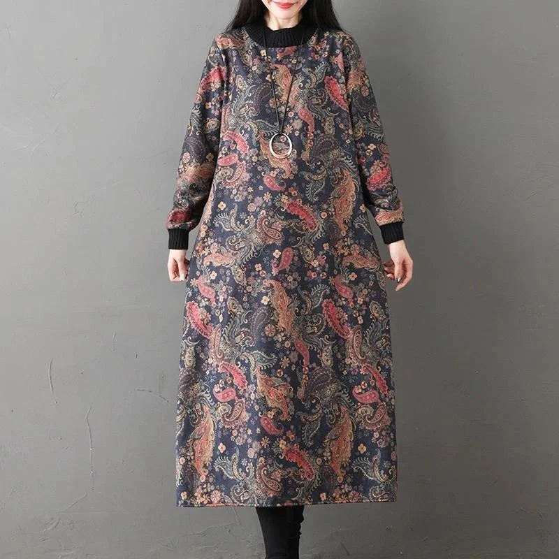 long sleeve woolen plus size vintage floral women casual loose autumn winter elegant dress clothes