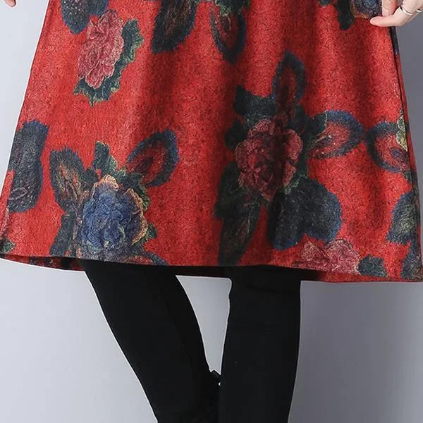 long sleeve woolen plus size vintage floral women casual loose midi autumn winter dress