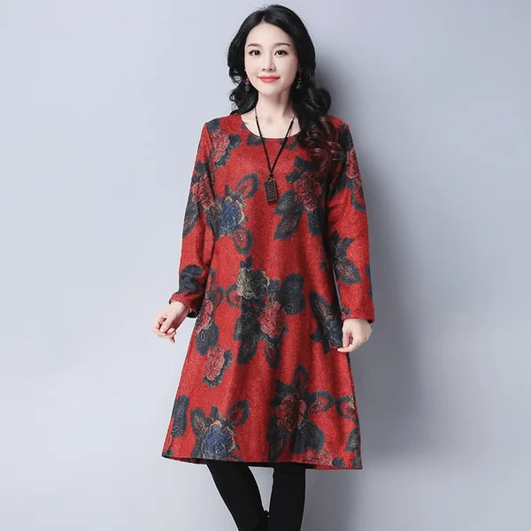 long sleeve woolen plus size vintage floral women casual loose midi autumn winter dress