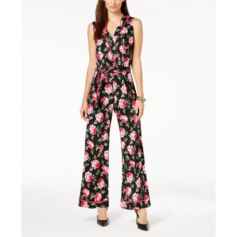 Monteau Women's Petite Floral-Print Belted Jumpsuit Black Size Extra Large - X-Large