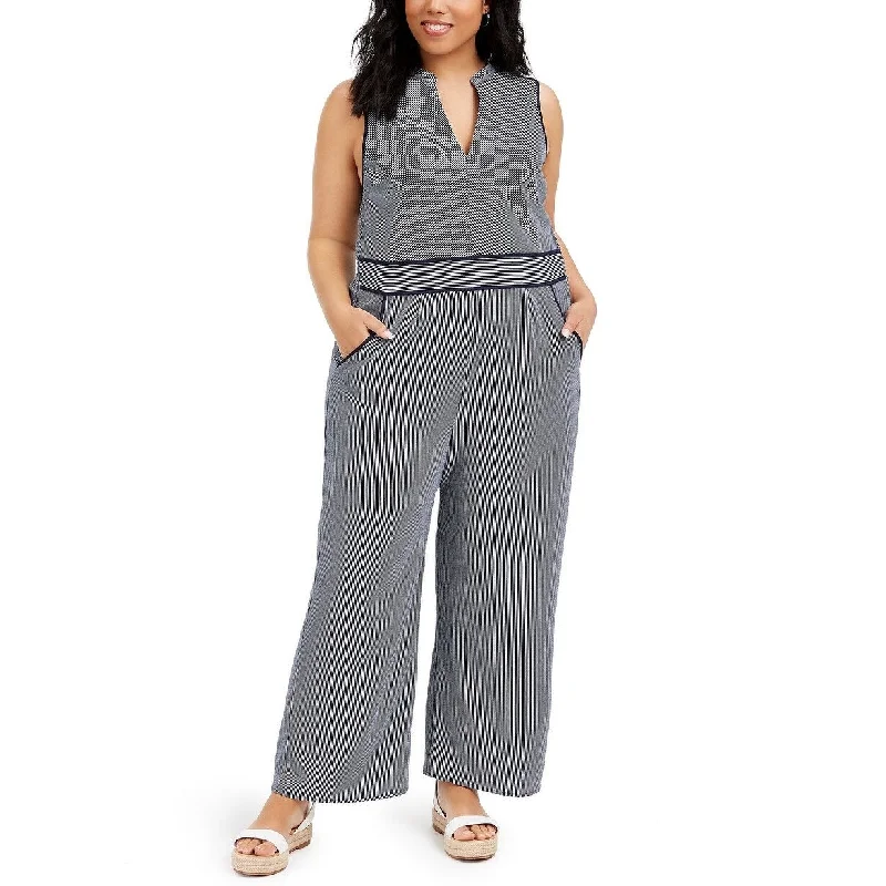 Monteau Women's Trendy Plus Size Striped Keyhole Jumpsuit Navy Size 2X