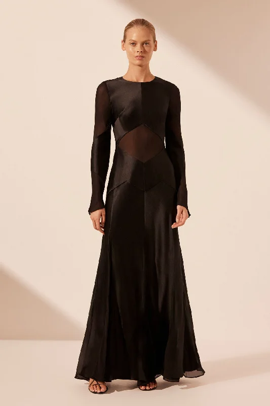 MORAYA GODET MAXI DRESS - BLACK