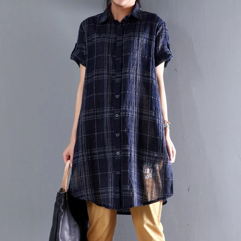 Natuaral Linen navy plaid summer dress thin shirt sundresses