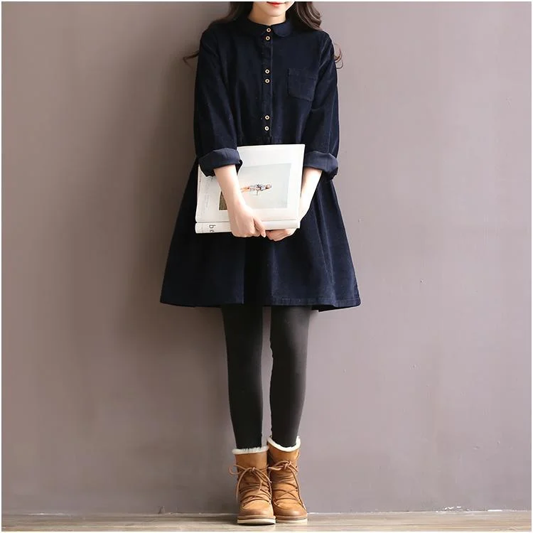 Navy causal oversize corduroy dress retro cotton spring dresses