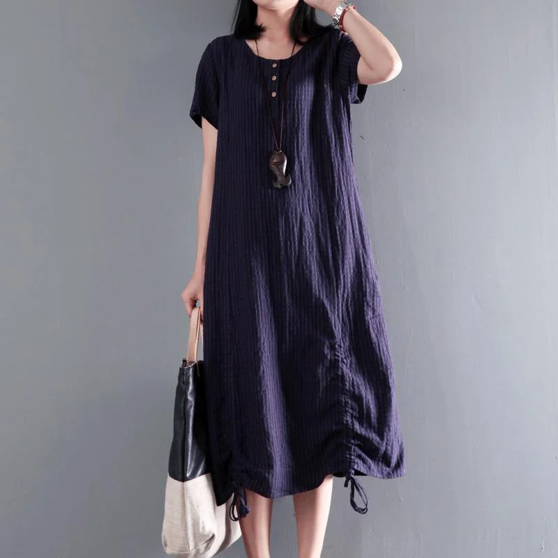 Navy drawstring linen maxi dress for summer unique long sundresses