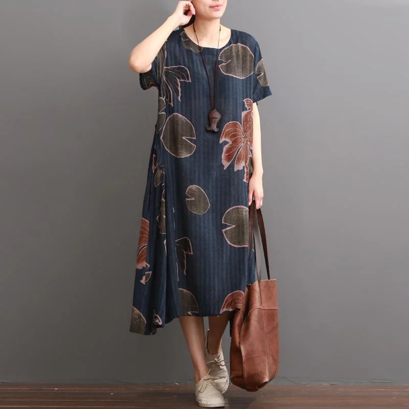 Navy Floral Linen Dress Summer Dresses Plus Size Sundress Short Sleeve