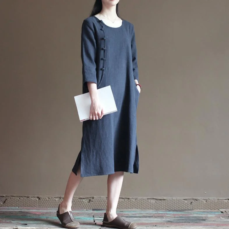 Navy linen dresses bust button details long linen maxi dresses