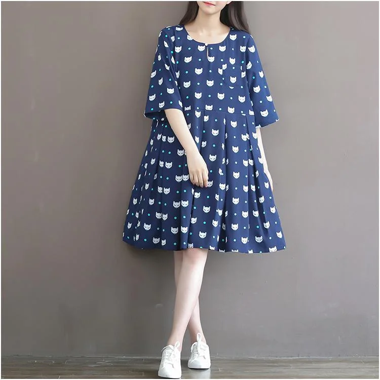 Navy plus size fox print sundress cotton summer dresses linen dress oversize