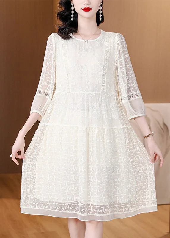 New Beige O Neck Embroidered Lace Dresses Bracelet Sleeve