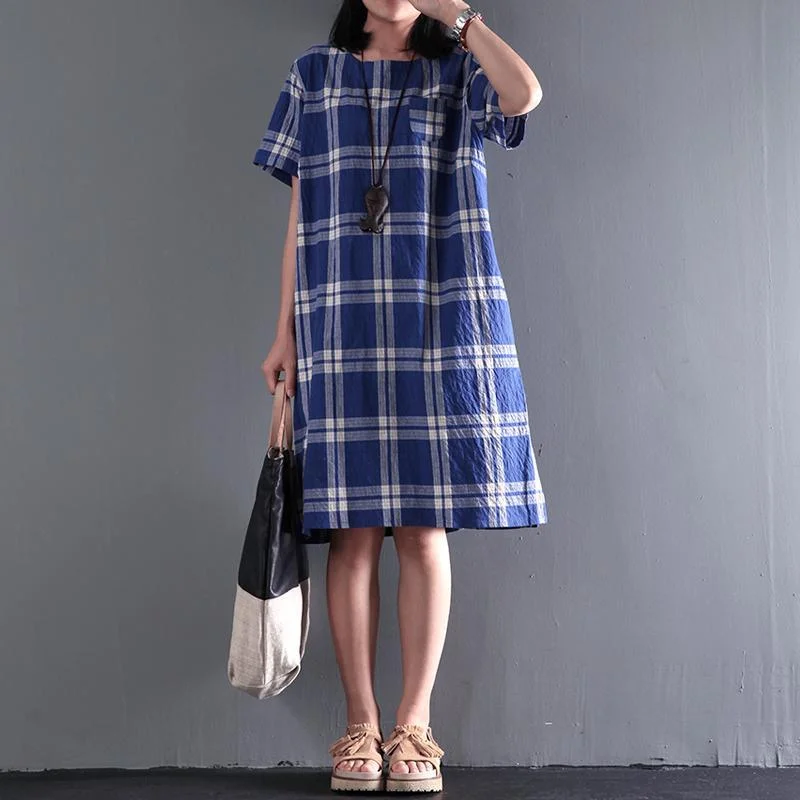 New Casual plaid cotton sundress summer shift dresses opens at back