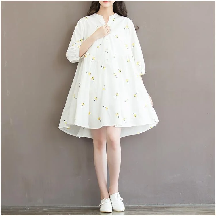 New white retro print cotton shift dress oversize shirt blouse sundress