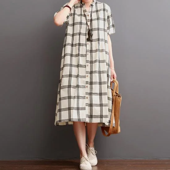 Nude plaid cotton maxi dress sundresses plus size summer dresses