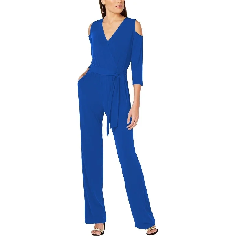 NY Collection Women's Petite 3/4 Sleeve Cold Shoulder Jumpsuit Blue Size Medium