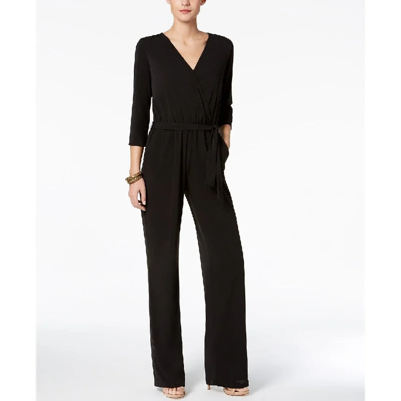 NY Collection Women's Petite Belted Jumpsuit Black Size Medium