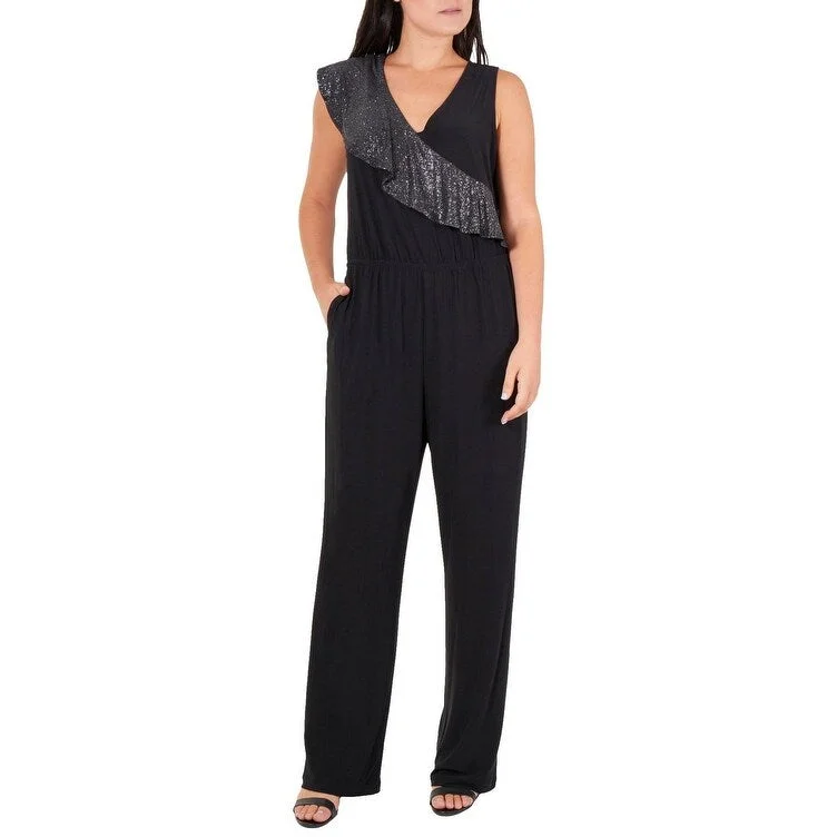 NY Collection Women's Petite Sleeveless Glitter Jumpsuit Black Size Medium