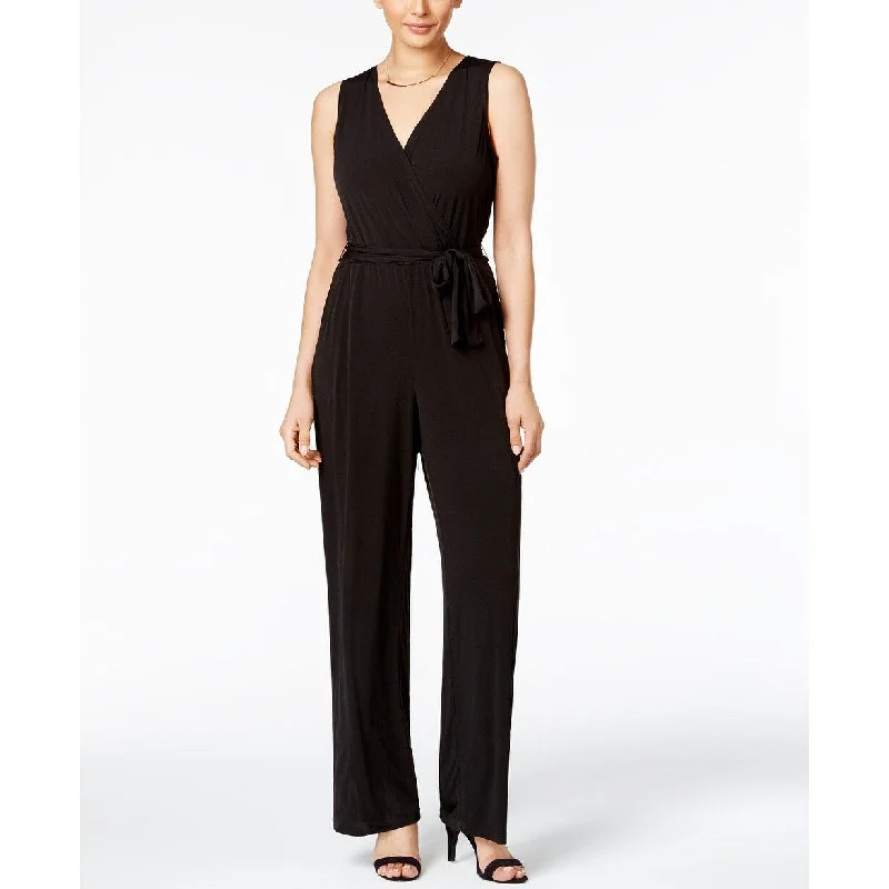 NY Collection Women's Petite Surplice Belted Wide-Leg Jumpsuit Size Extra Large - Black - X-Large