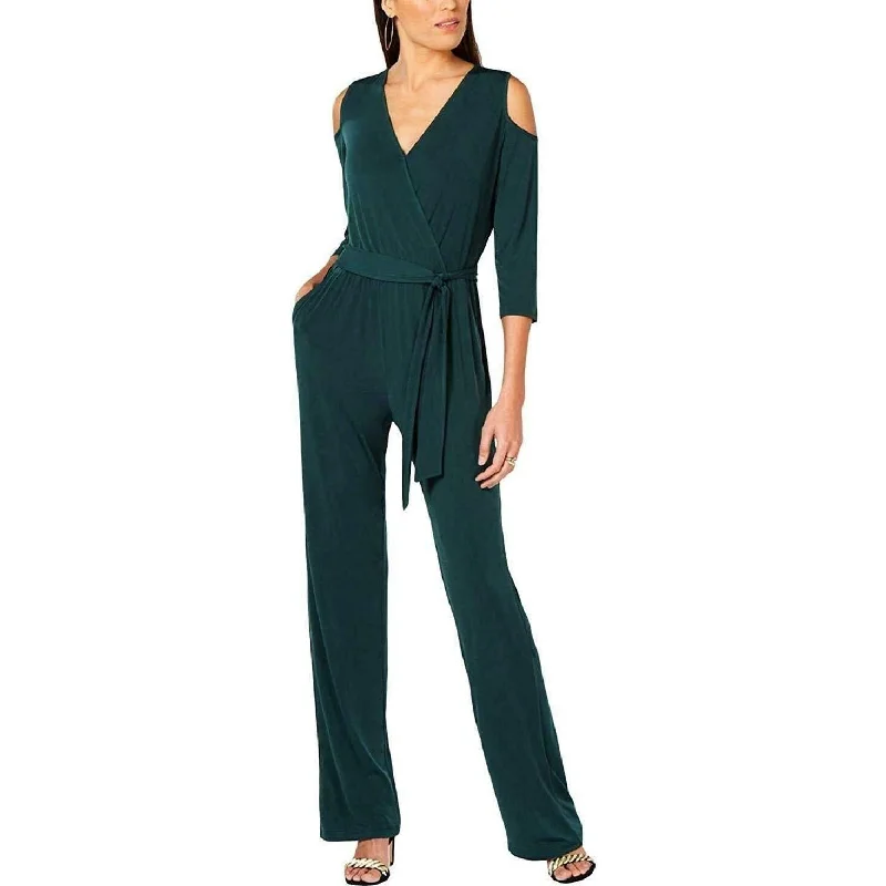 NY Collection Women's Petite Surplice Cold-Shoulder Jumpsuit Green Size Large