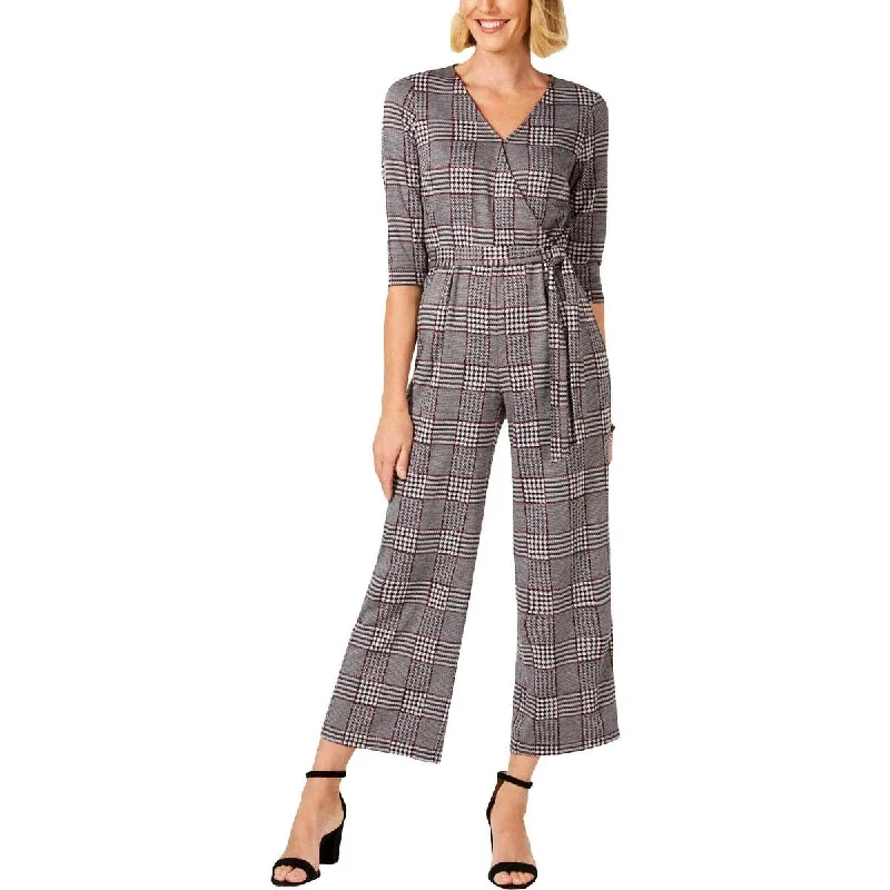 NY Collection Women's Petites Plaid Belted Jumpsuit Gray Size Large - Grey