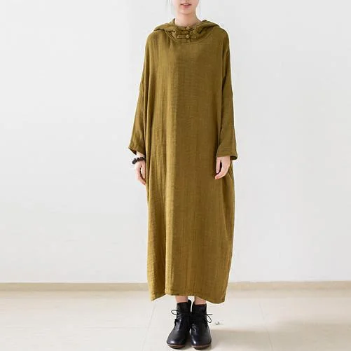 Olive double layered long sleeve linen dresses hooded long cotton maxi dresses