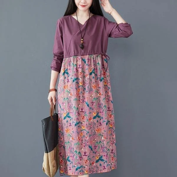 omychic cotton linen plus size vintage floral for women casual loose spring autumn dress