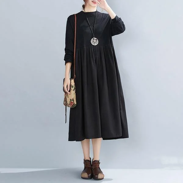 omychic plus size black cotton vintage for women casual loose autumn winter dress