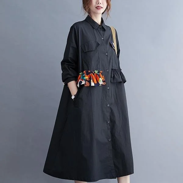 omychic plus size black cotton vintage for women casual loose midi autumn shirt dress