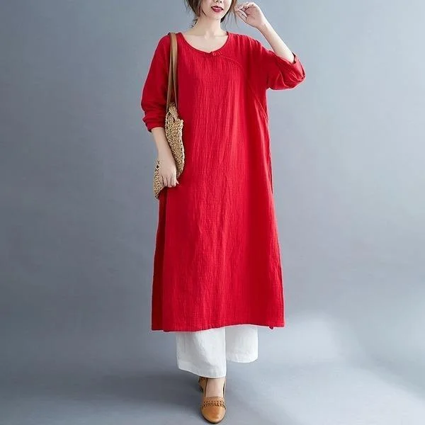 omychic plus size cotton linen vintage for women casual Split loose spring autumn dress