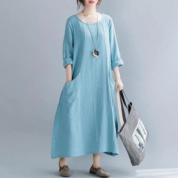 omychic plus size cotton linen vintage women casual loose spring autumn dress