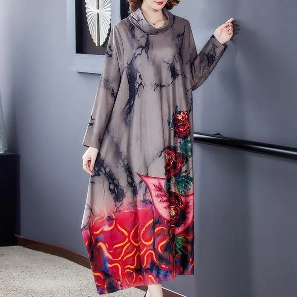 omychic plus size cotton velvet vintage floral women casual loose autumn winter dress