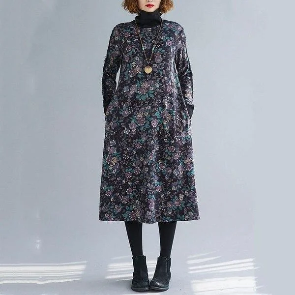 omychic plus size cotton vintage floral women casual loose autumn winter dress