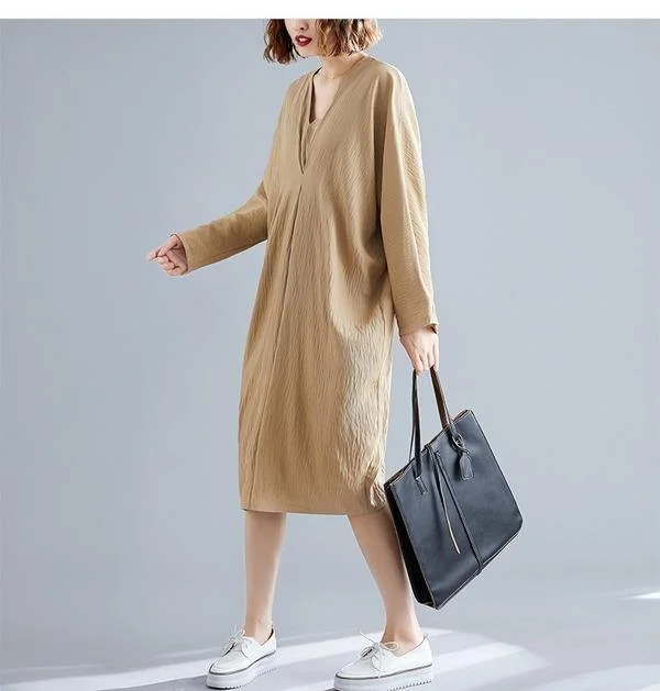 omychic plus size oversize cotton linen vintage for women casual loose midi autumn dress