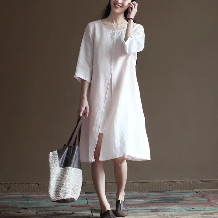 Original design pink linen sundress summer half sleeve dresses