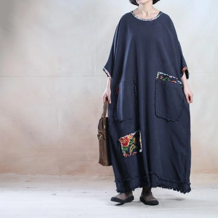 Oversize navy linen maxi dress plus size linen sundress - travel alone