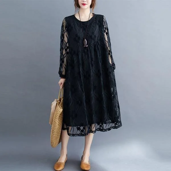 Oversized Women Casual Lace Dresses Style Solid Color Loose Comfortable Ladies Elegant Long Dress