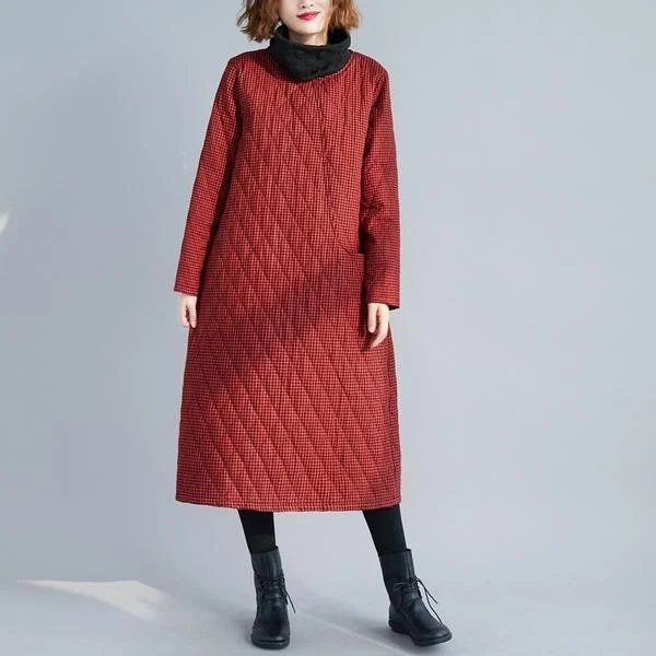 Padded cotton plus size vintage plaid for women casual long sleeve loose autumn winter dress