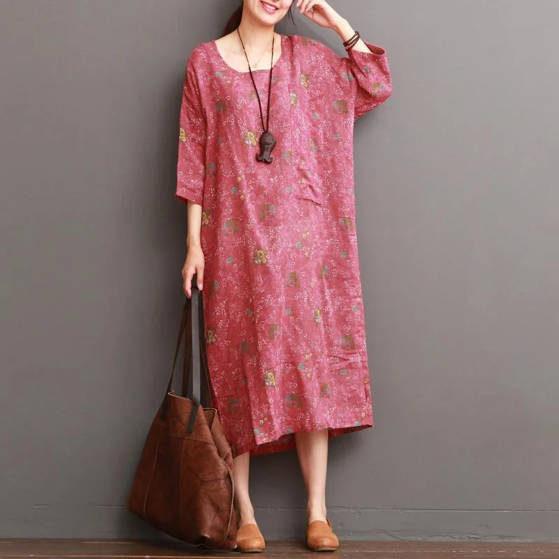 Pink half sleeve floral linen dresses summer linen maxi dress