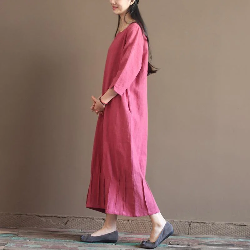 Pink New linen maxi dresses long sleeve spring caftan dress