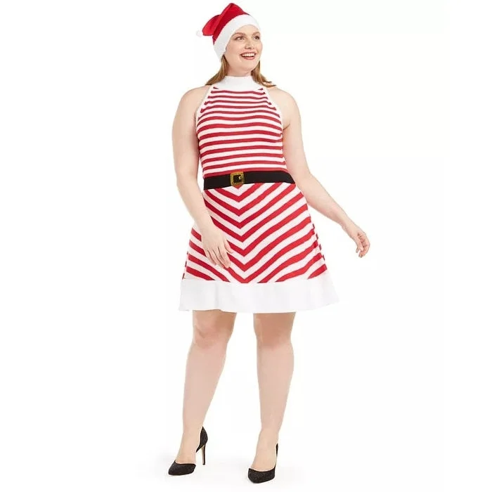 Planet Gold Women's Trendy Plus Size Striped Fit & Flare Dress & Santa Hat Red Size 2X