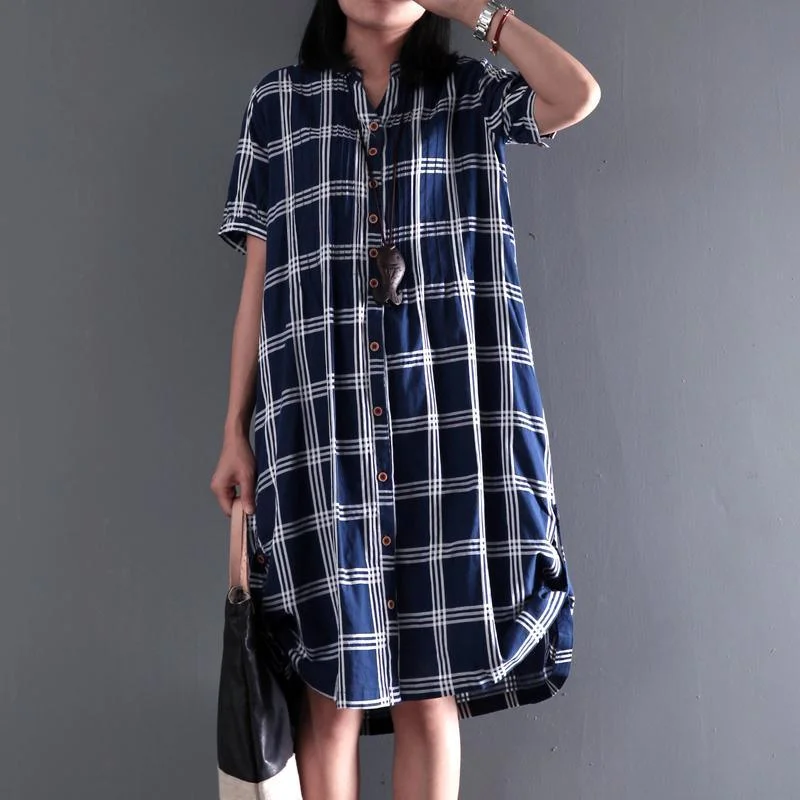 Plus size cotton sundress plaid summer shift dresses long blouse short sleeve