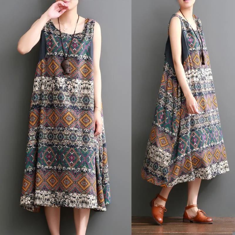 Plus size summer linen dress floral print sleeveless sundress maxi dresses