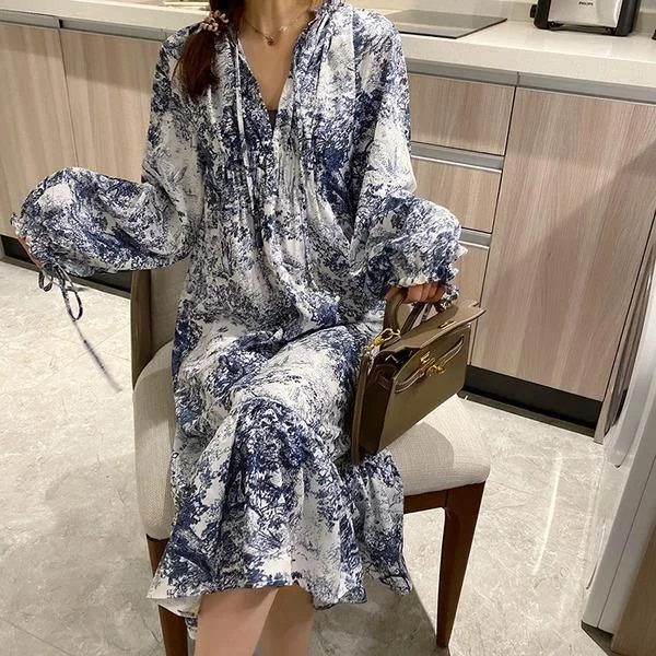 Print Pattern Dress Fashion New Women Drawstring Full Sleeve 2020 Winter Elegant Casual Style Minority Loose Dress