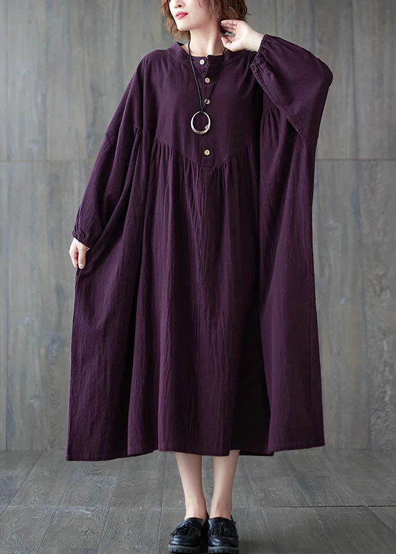 Purple Wrinkled Cotton Casual Dresses Long Sleeve