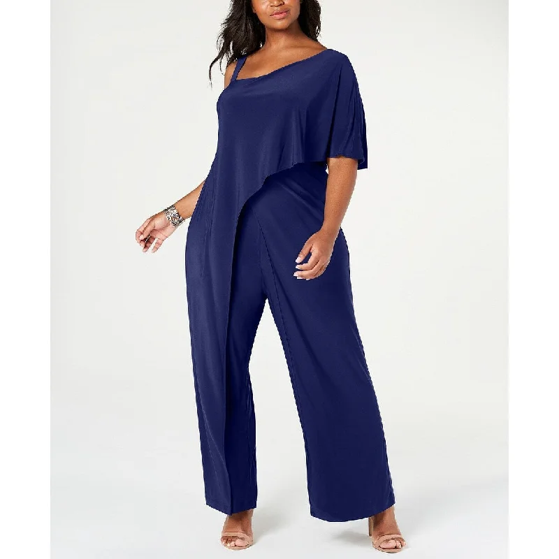 R & M Richards Women's Plus Size One-Shoulder Jumpsuit Navy Size 16