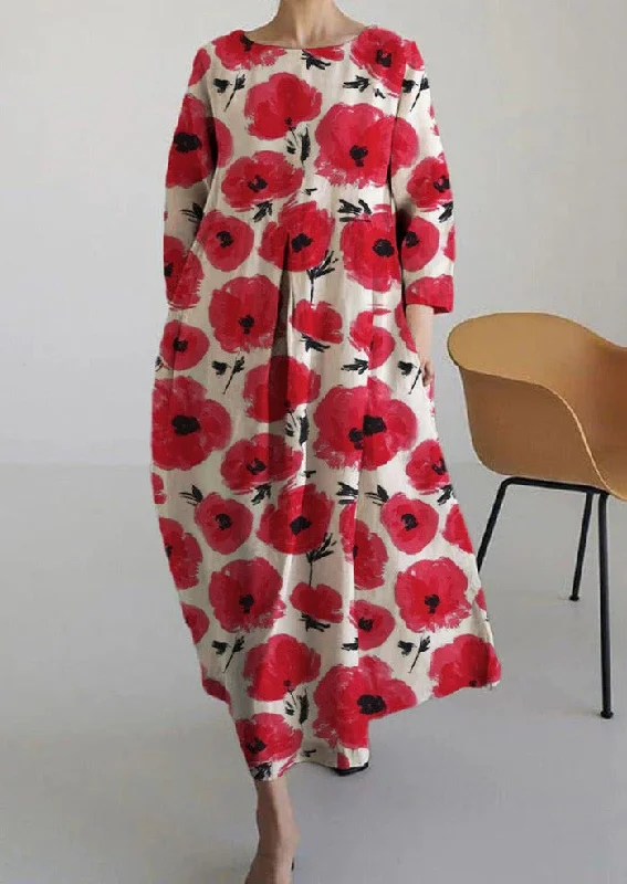 Red Flower-2 Cotton Dresses Pockets Patchwork Summer