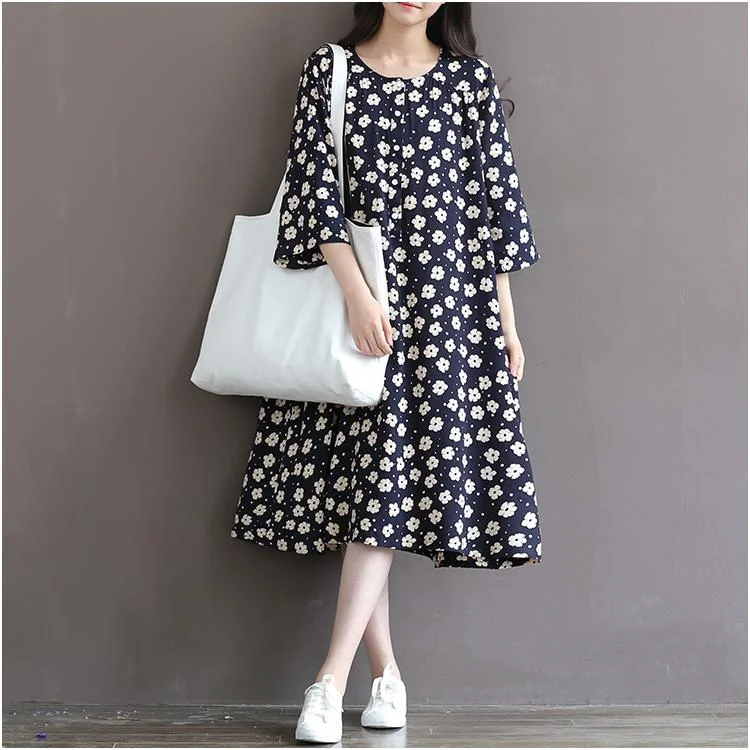 Retro Daisy Print Oversize Cotton Dresses Half Sleeve Cotton Sundress Traveling Dresses Plus Size ( Limited Stock)