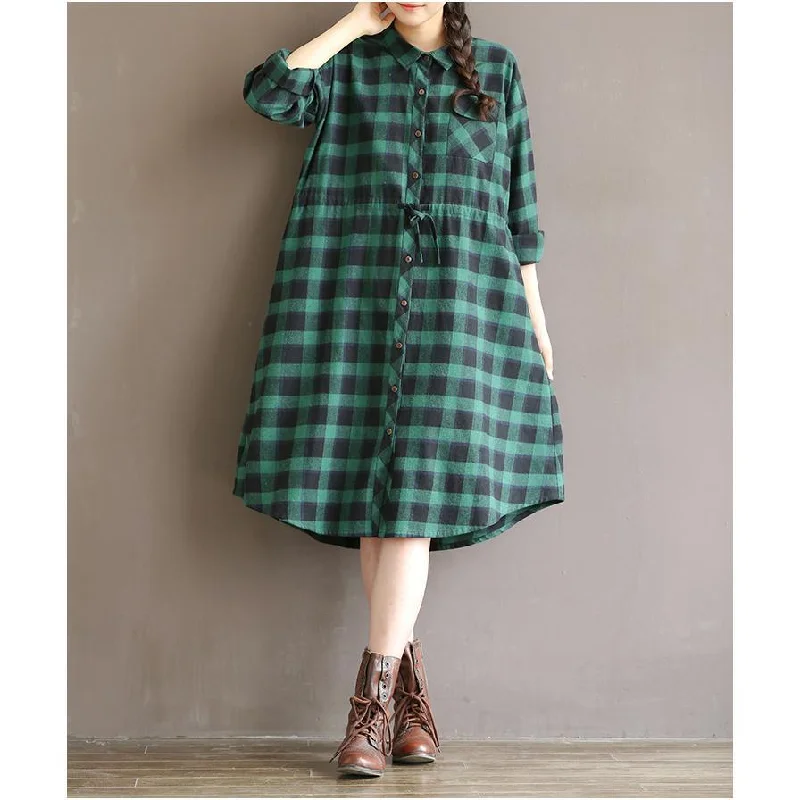 Retro green plaid cotton shirt dress plus size cotton dresses long sleeve