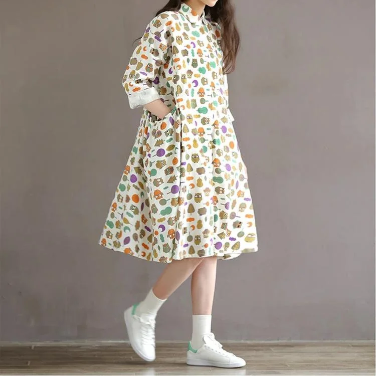 Retro Print Linen Dress Large Pocket Floral Sundress Cotton Traveling Dresses